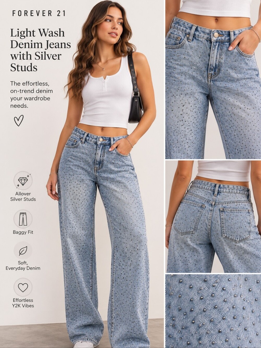 Forever 21 Light Wash Denim Jeans with Silver Studs